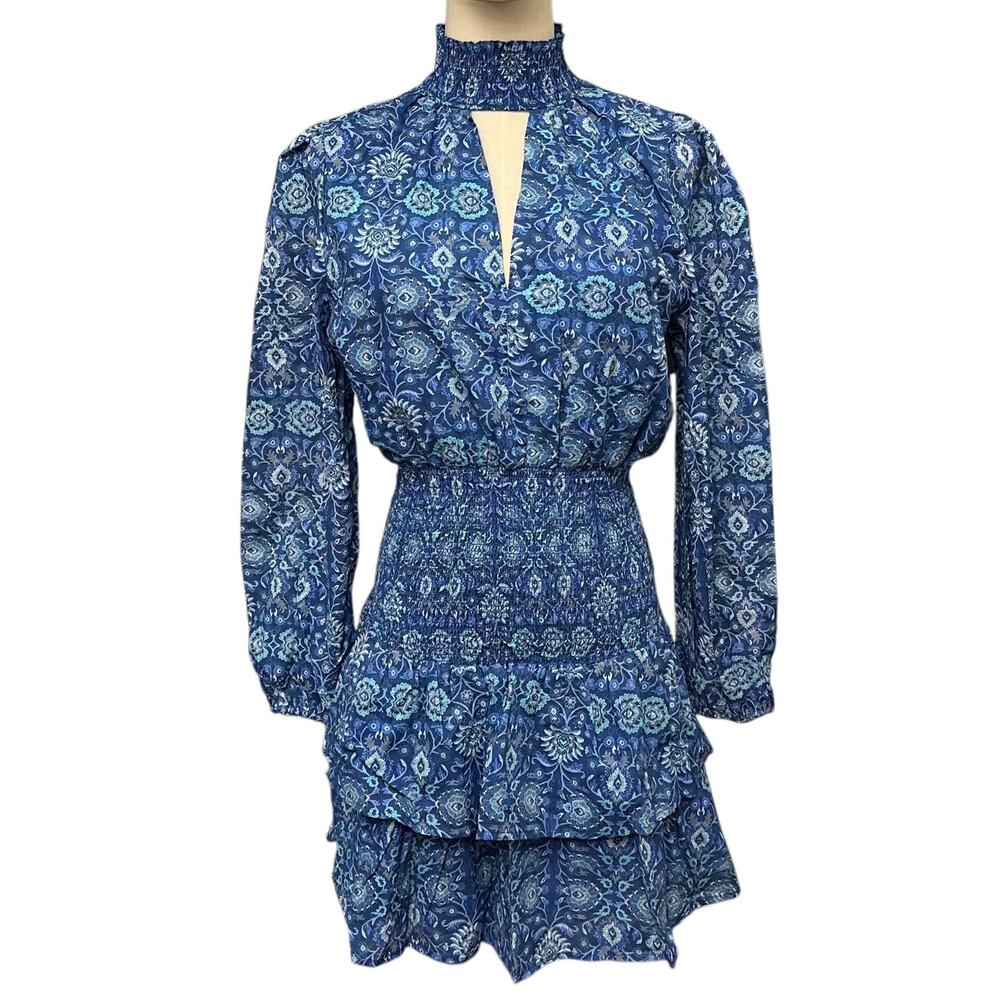 Kourt Sz Small Blue Paisley Print Luke Dress Tiered Mini Skirt Smock Waist/Neck